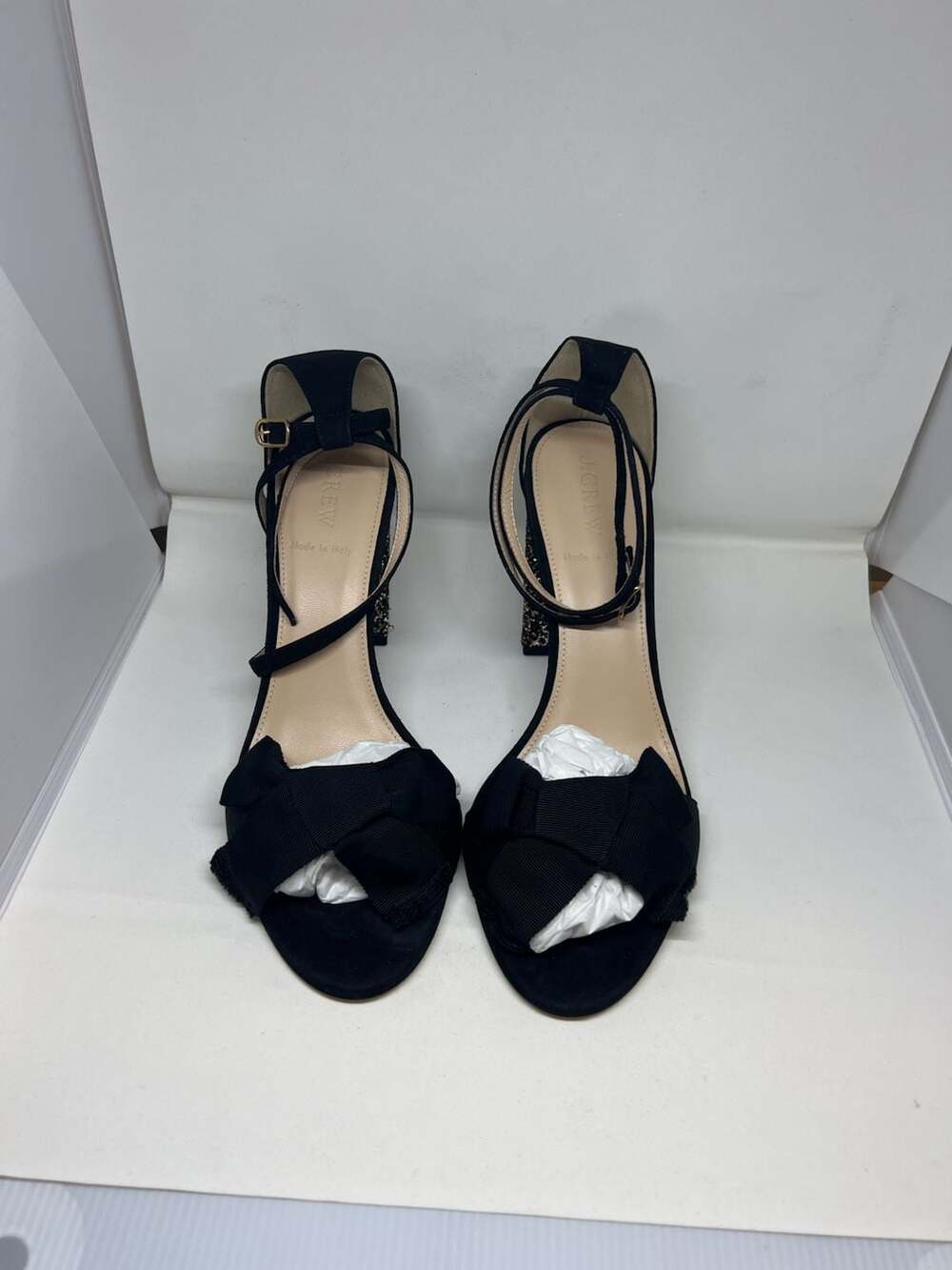 J.Crew Bow Heel Sandal Size 9.5 Black Suede Glitter Block Heel